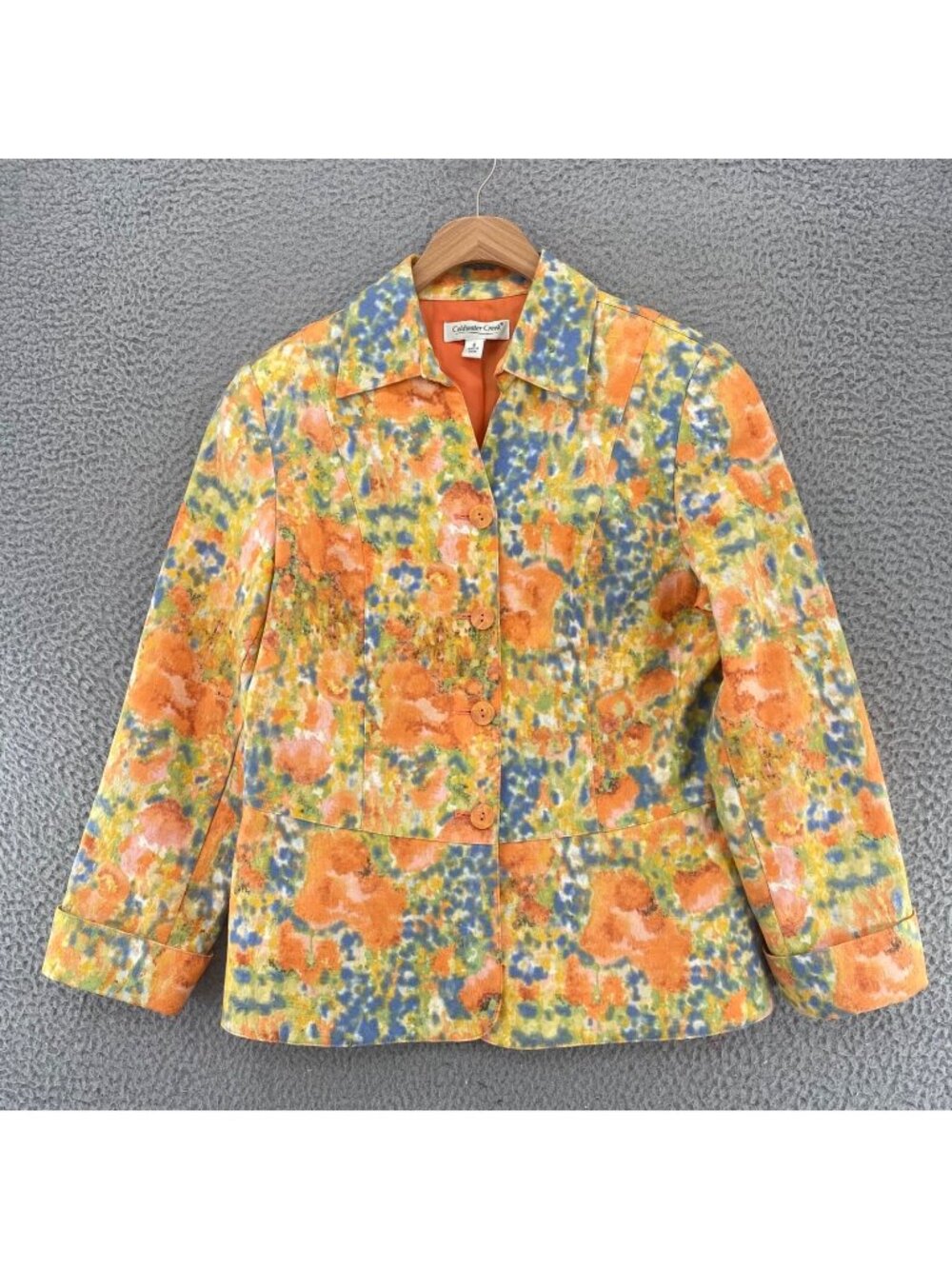Coldwater Creek Jacket Womens 6 Yellow Floral Watercolor Cotton Textured Collar
